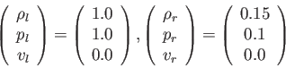 \begin{displaymath}
\left(\begin{array}{c} \rho_l\\ p_{l}\\ v_l\end{array}\right...
...t)
=
\left(\begin{array}{c} 0.15\\ 0.1\\ 0.0\end{array}\right)
\end{displaymath}